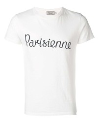 weißes und schwarzes bedrucktes T-Shirt mit einem Rundhalsausschnitt von MAISON KITSUNÉ