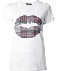 weißes und schwarzes bedrucktes T-Shirt mit einem Rundhalsausschnitt von Markus Lupfer