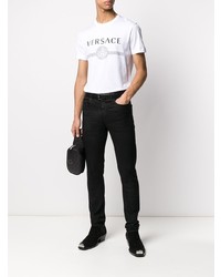 weißes und schwarzes bedrucktes T-Shirt mit einem Rundhalsausschnitt von Versace