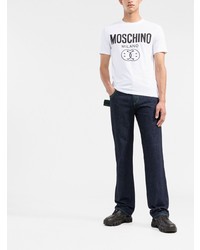 weißes und schwarzes bedrucktes T-Shirt mit einem Rundhalsausschnitt von Moschino