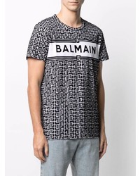 weißes und schwarzes bedrucktes T-Shirt mit einem Rundhalsausschnitt von Balmain