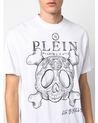 weißes und schwarzes bedrucktes T-Shirt mit einem Rundhalsausschnitt von Philipp Plein