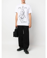 weißes und schwarzes bedrucktes T-Shirt mit einem Rundhalsausschnitt von Philipp Plein