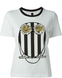 weißes und schwarzes bedrucktes T-Shirt mit einem Rundhalsausschnitt von Mother of Pearl