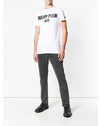 weißes und schwarzes bedrucktes T-Shirt mit einem Rundhalsausschnitt von Philipp Plein