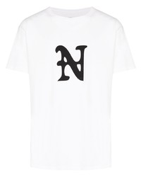 weißes und schwarzes bedrucktes T-Shirt mit einem Rundhalsausschnitt von Nahmias
