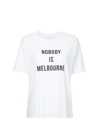 weißes und schwarzes bedrucktes T-Shirt mit einem Rundhalsausschnitt von Nobody Denim