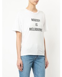 weißes und schwarzes bedrucktes T-Shirt mit einem Rundhalsausschnitt von Nobody Denim