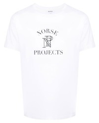 weißes und schwarzes bedrucktes T-Shirt mit einem Rundhalsausschnitt von Norse Projects