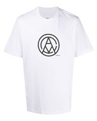 weißes und schwarzes bedrucktes T-Shirt mit einem Rundhalsausschnitt von Oamc