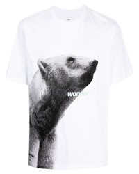 weißes und schwarzes bedrucktes T-Shirt mit einem Rundhalsausschnitt von Oamc