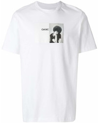 weißes und schwarzes bedrucktes T-Shirt mit einem Rundhalsausschnitt von Oamc