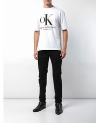 weißes und schwarzes bedrucktes T-Shirt mit einem Rundhalsausschnitt von Calvin Klein 205W39nyc