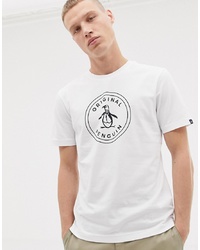 weißes und schwarzes bedrucktes T-Shirt mit einem Rundhalsausschnitt von Original Penguin
