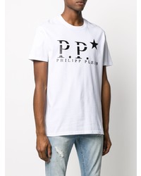 weißes und schwarzes bedrucktes T-Shirt mit einem Rundhalsausschnitt von Philipp Plein