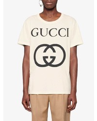 weißes und schwarzes bedrucktes T-Shirt mit einem Rundhalsausschnitt von Gucci