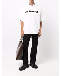 weißes und schwarzes bedrucktes T-Shirt mit einem Rundhalsausschnitt von Jil Sander