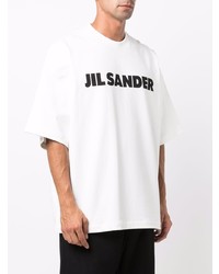 weißes und schwarzes bedrucktes T-Shirt mit einem Rundhalsausschnitt von Jil Sander