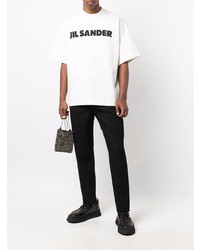 weißes und schwarzes bedrucktes T-Shirt mit einem Rundhalsausschnitt von Jil Sander