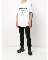 weißes und schwarzes bedrucktes T-Shirt mit einem Rundhalsausschnitt von Balmain