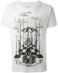 weißes und schwarzes bedrucktes T-Shirt mit einem Rundhalsausschnitt von Paul & Joe