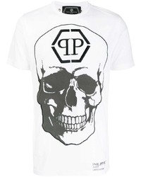 weißes und schwarzes bedrucktes T-Shirt mit einem Rundhalsausschnitt von Philipp Plein