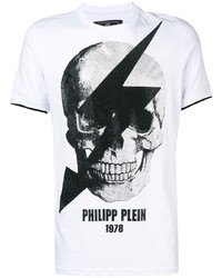 weißes und schwarzes bedrucktes T-Shirt mit einem Rundhalsausschnitt von Philipp Plein