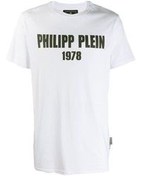 weißes und schwarzes bedrucktes T-Shirt mit einem Rundhalsausschnitt von Philipp Plein