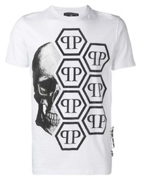 weißes und schwarzes bedrucktes T-Shirt mit einem Rundhalsausschnitt von Philipp Plein