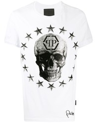 weißes und schwarzes bedrucktes T-Shirt mit einem Rundhalsausschnitt von Philipp Plein