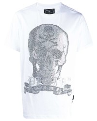 weißes und schwarzes bedrucktes T-Shirt mit einem Rundhalsausschnitt von Philipp Plein