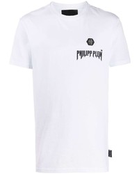 weißes und schwarzes bedrucktes T-Shirt mit einem Rundhalsausschnitt von Philipp Plein