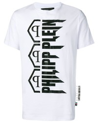 weißes und schwarzes bedrucktes T-Shirt mit einem Rundhalsausschnitt von Philipp Plein