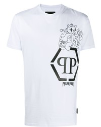 weißes und schwarzes bedrucktes T-Shirt mit einem Rundhalsausschnitt von Philipp Plein