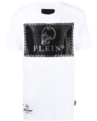 weißes und schwarzes bedrucktes T-Shirt mit einem Rundhalsausschnitt von Philipp Plein