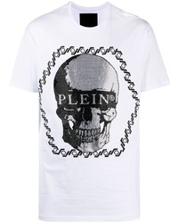 weißes und schwarzes bedrucktes T-Shirt mit einem Rundhalsausschnitt von Philipp Plein