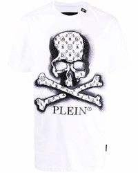 weißes und schwarzes bedrucktes T-Shirt mit einem Rundhalsausschnitt von Philipp Plein