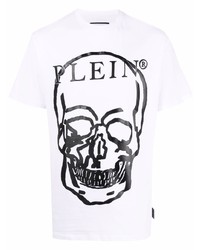 weißes und schwarzes bedrucktes T-Shirt mit einem Rundhalsausschnitt von Philipp Plein