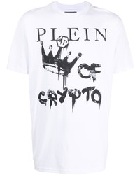 weißes und schwarzes bedrucktes T-Shirt mit einem Rundhalsausschnitt von Philipp Plein