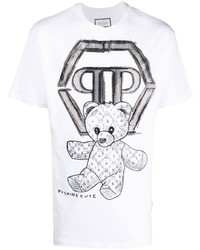 weißes und schwarzes bedrucktes T-Shirt mit einem Rundhalsausschnitt von Philipp Plein