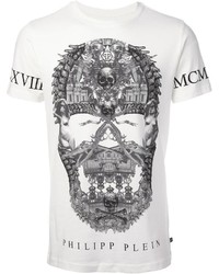 weißes und schwarzes bedrucktes T-Shirt mit einem Rundhalsausschnitt von Philipp Plein