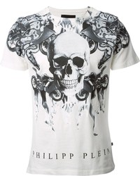 weißes und schwarzes bedrucktes T-Shirt mit einem Rundhalsausschnitt von Philipp Plein