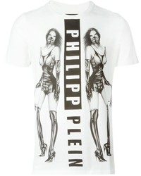 weißes und schwarzes bedrucktes T-Shirt mit einem Rundhalsausschnitt von Philipp Plein