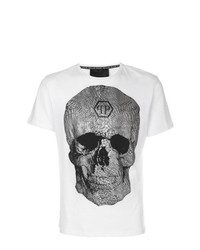 weißes und schwarzes bedrucktes T-Shirt mit einem Rundhalsausschnitt von Philipp Plein