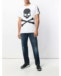 weißes und schwarzes bedrucktes T-Shirt mit einem Rundhalsausschnitt von Philipp Plein