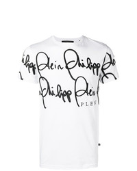 weißes und schwarzes bedrucktes T-Shirt mit einem Rundhalsausschnitt von Philipp Plein