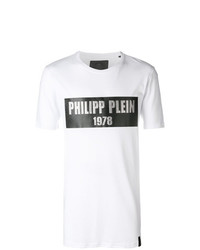 weißes und schwarzes bedrucktes T-Shirt mit einem Rundhalsausschnitt von Philipp Plein