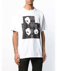 weißes und schwarzes bedrucktes T-Shirt mit einem Rundhalsausschnitt von Raf Simons