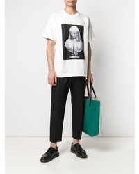 weißes und schwarzes bedrucktes T-Shirt mit einem Rundhalsausschnitt von Trussardi