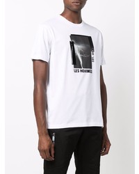 weißes und schwarzes bedrucktes T-Shirt mit einem Rundhalsausschnitt von Les Hommes